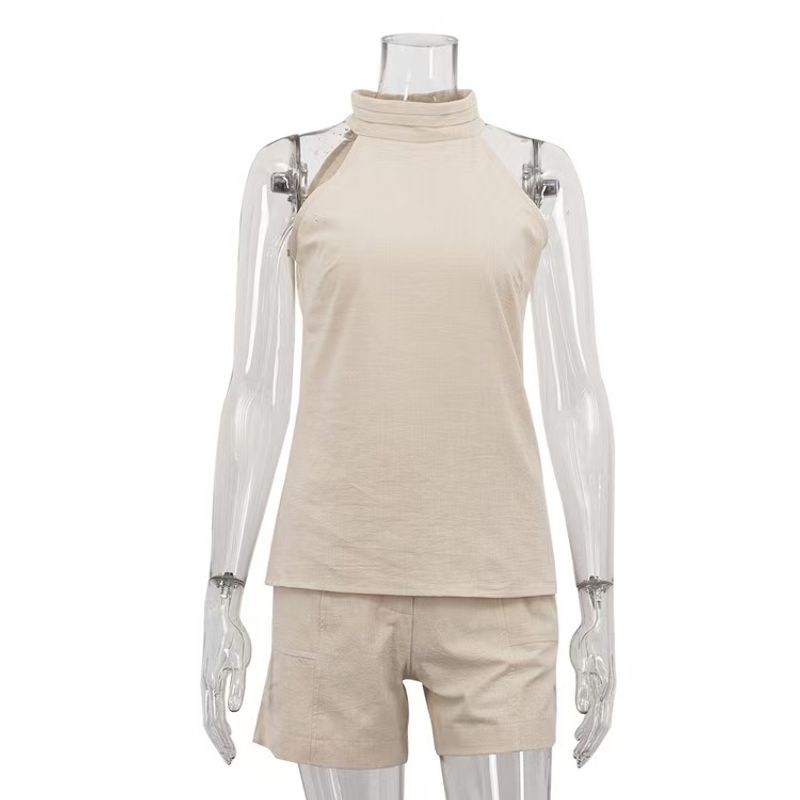 

Западный стиль Новая мода Топ без рукавов с вырезом на шее и комплект шорт Топ-халтер и комплект шорт Khaki L