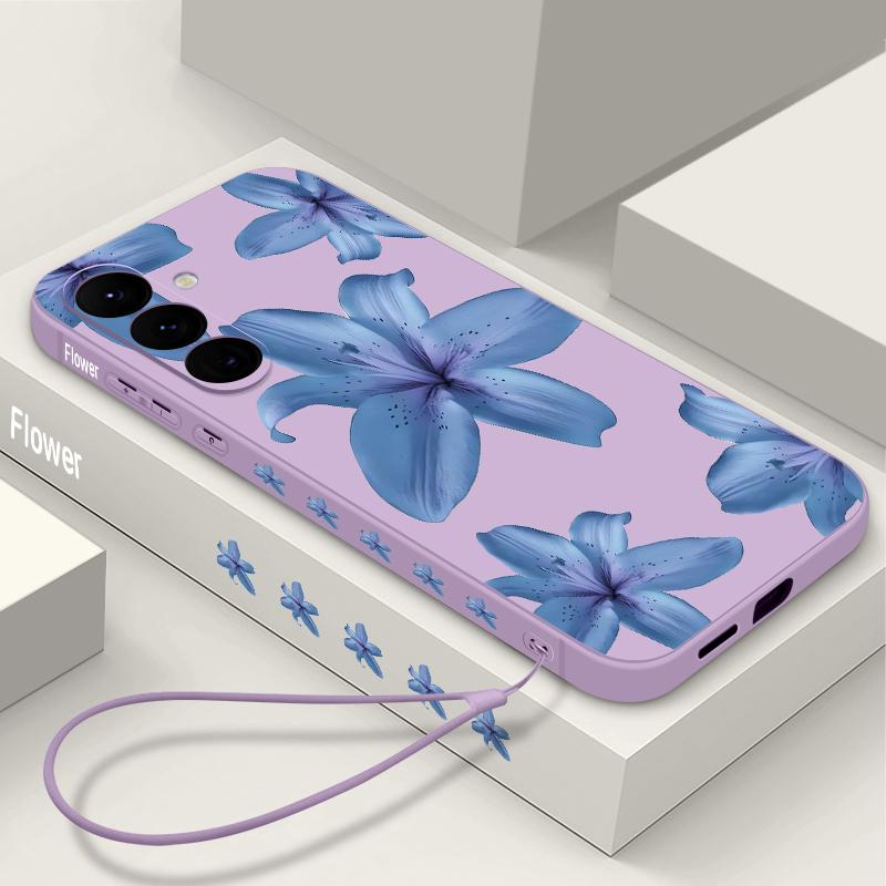 Blue Lily Printed Phone Case For Samsung Galaxy A17 A56 A16 A55 A15 A25 A36 A26 5G S25 Edge S23 S24 Ultra S24 S25 FE TPU Lanyard Cover