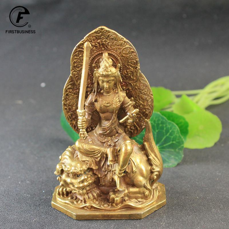 Antique Copper Tibetan Buddhism Holding Sword Manjushri Bodhisattva Buddha Riding Mythical Beast Statue Crafts Desktop Ornaments