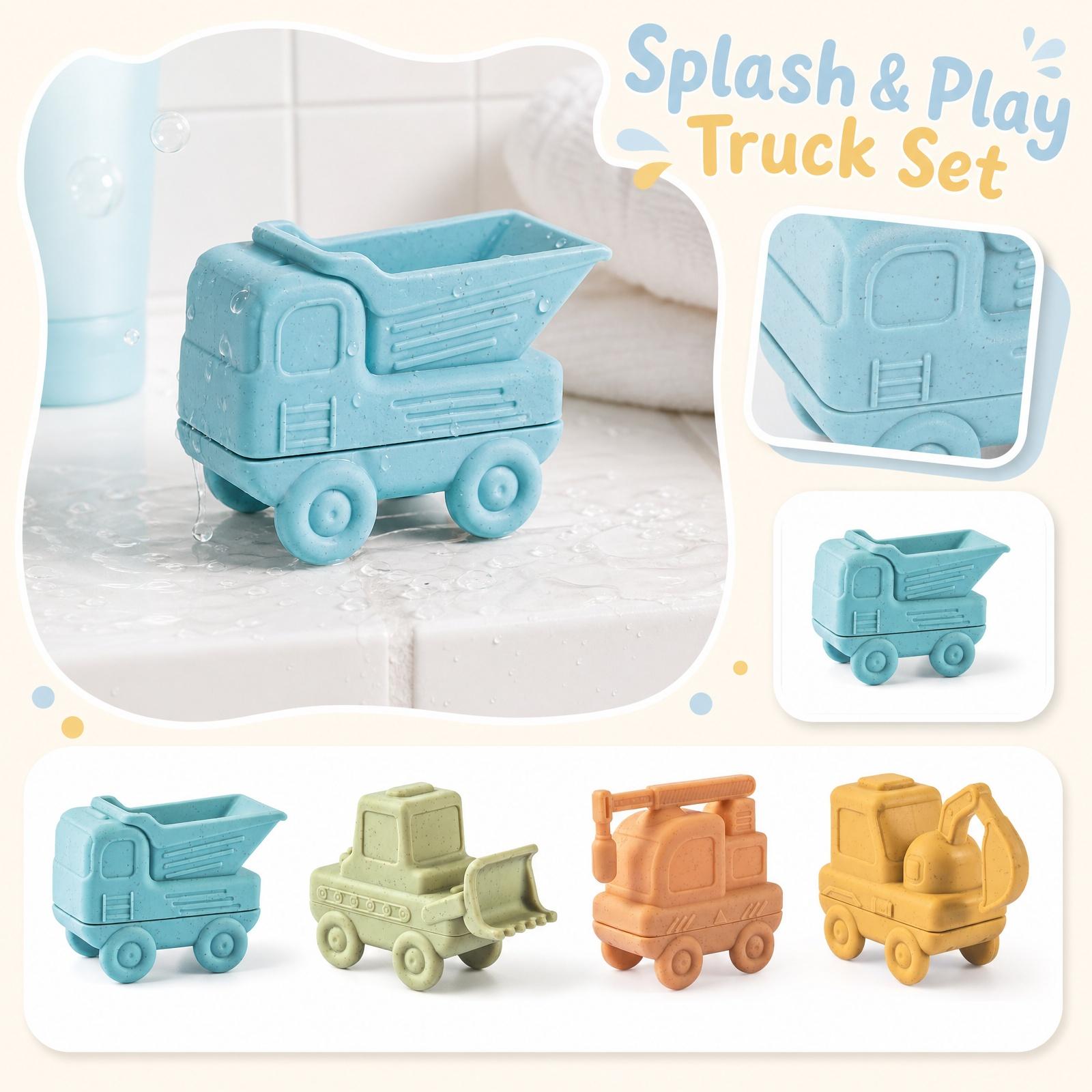 Silicone Construction Vehicle Bath Toys for Toddlers Set of 4 Soft Non-Toxic Water Play Toys for Kids Preschool Sensory Development One Size