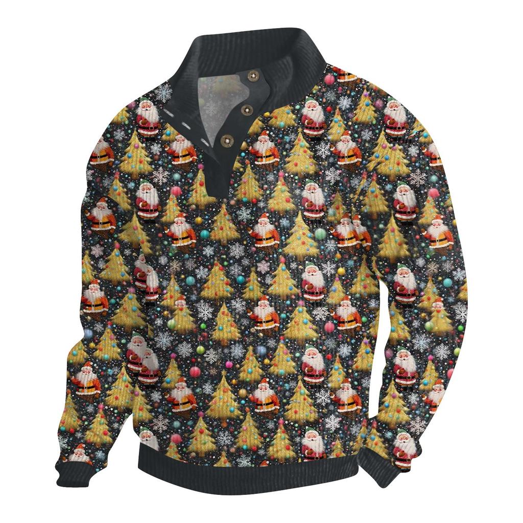 Men's Christmas Cotton Pullover Long Sleeve Outdoor Shirt Vintage Corduroy Button Stand Collar Shirt Casual Sweatshirt Christmas Print Top