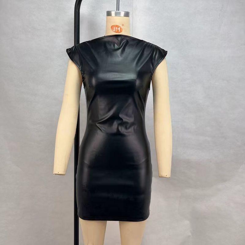 

Fashion Style Sexy Sleeveless Waist Sheath PU Leather Dress round Neck Neck PU Leather Dress Black XL