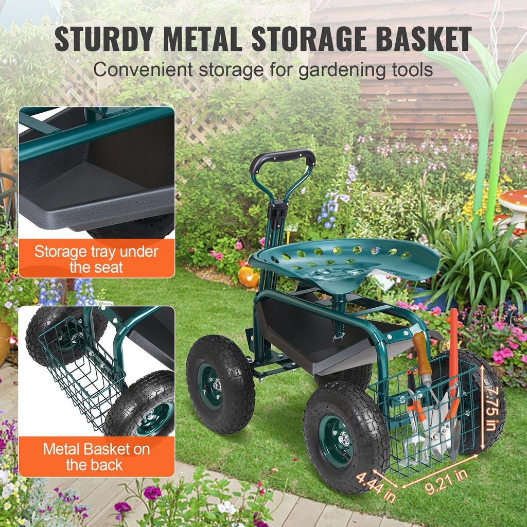 Garden Cart Rolling Workseat with Wheels, Gardening Stool for Planting, 360 Degree Swivel Seat, Wagon Scooter with Steering Handle & Utility Tool