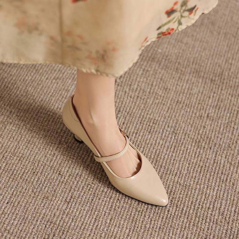 Krazing Pot Genuine Leather Round Toe Thin Heels Summer Shoes Solid Big Size 42 Shallow Decoration buckle Women Shallow Pumps