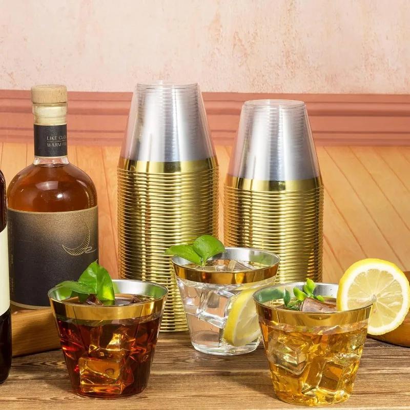 50Pcs Party Plastic Glasses 9OZ Gold Rim Reusable Party Cups Glitter Drink Cup Elegant Party Wine Glasses for Cocktail Champagne