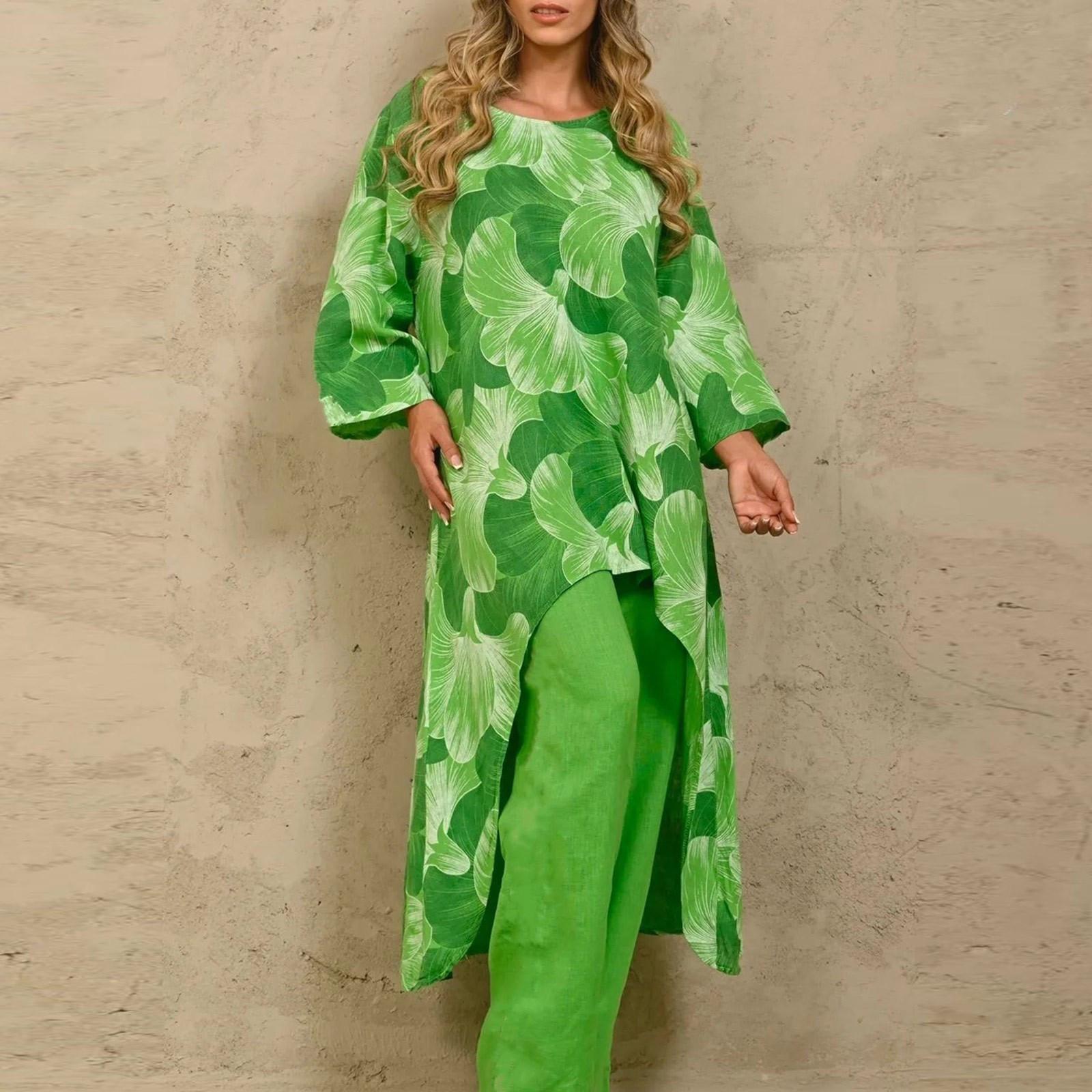 

Женский комплект из 2 предметов, весенние повседневные модные топы с длинными рукавами и принтом, свободные длинные брюки XXXL зелёный