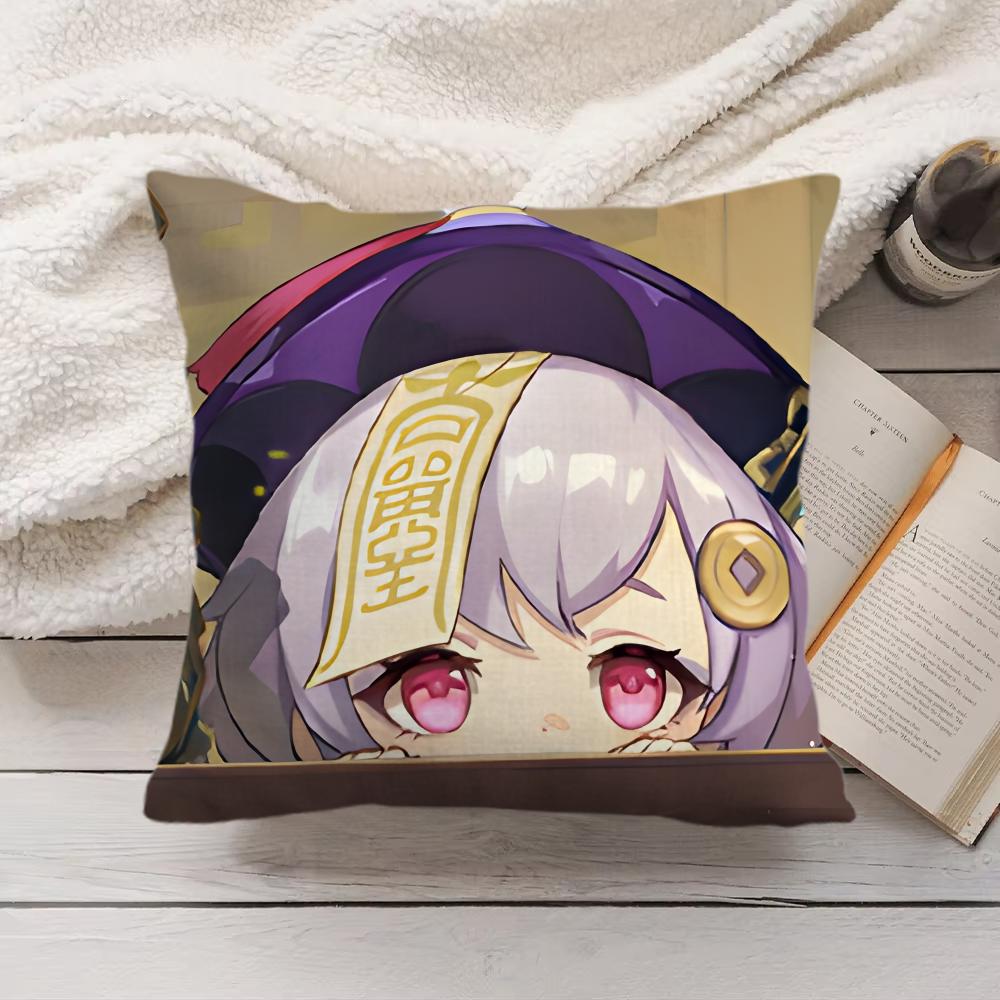 Qiqi Cute Genshin Impact Cushion Cover Silky Short Plush Invisible Zipper Dustproof Sofa Pillow Case For Home Decor
