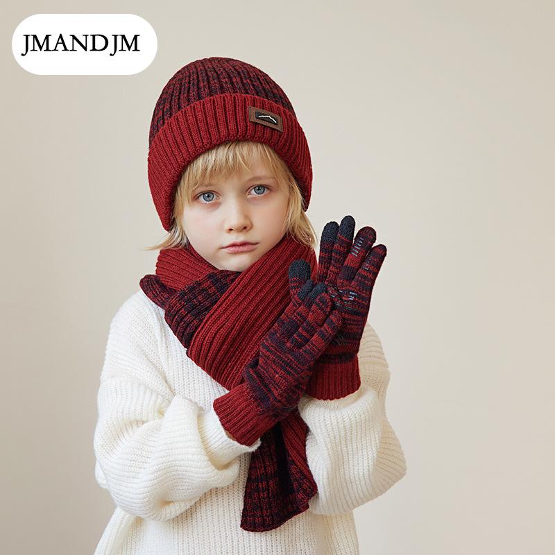 Children's Hat Scarf Gloves Three-piece Winter Boys Outdoor Warm Fleece Knitted Wool Hat