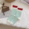 Autumn Trendy Socks: Double Slit Striped Contrasting Color Women's Socks, Breathable Combed Cotton Mid-calf Socks
