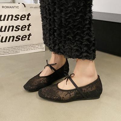 Inner Height Increase Bow Fairy Single Shoes Women's New Spring and Autumn Mesh Breathable Shoes Shallow Mouth Mary Jane Shoes
