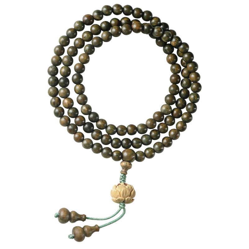 Green Sandalwood Bracelet Sandalwood108Buddhist Bead Bracelet Made of Boxwood with Lotus Design, Multi-strand Necklace for Couples, Prayer Beads
