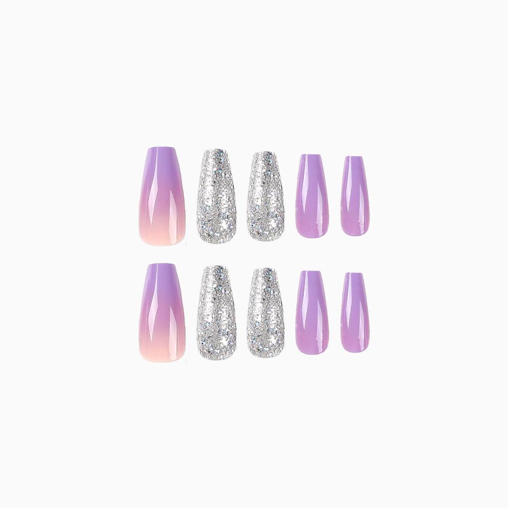 Purple Gradient Nail Stickers with Silver Glitter - Reusable False Nails