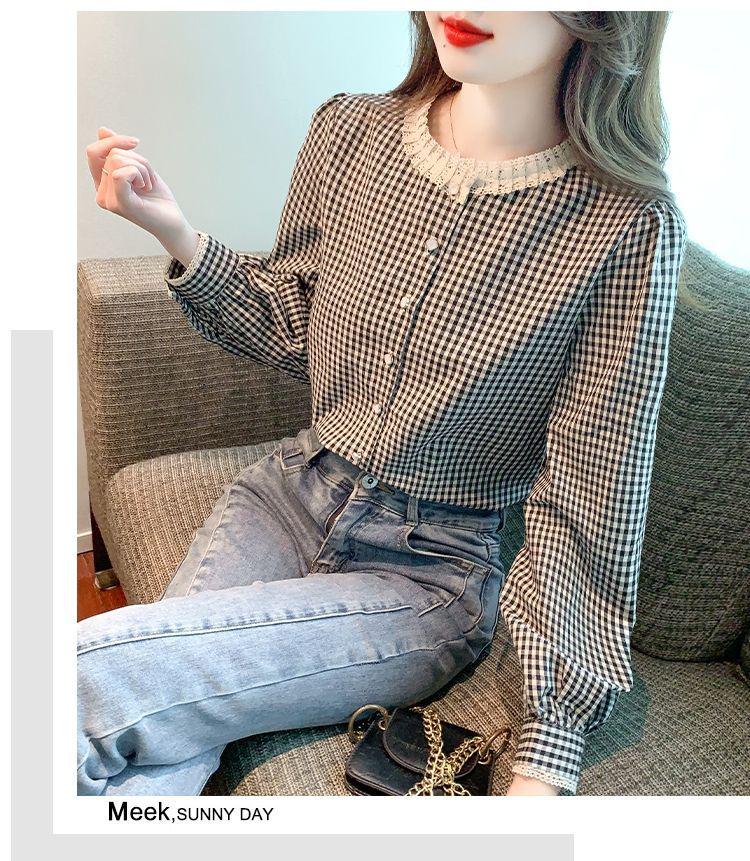 2025 Retro Checkered Lace Long Sleeve Shirt for Women - Spring/Autumn Round Neck Top