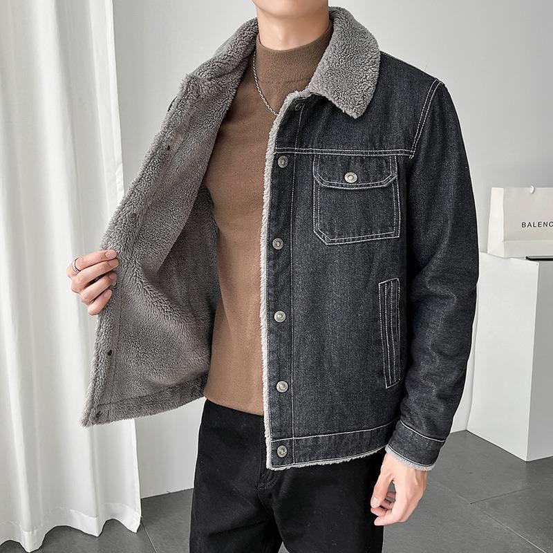 New Winter Lamb Fleece Men's Thickened Jacket Denim Fleece Lapel Top Casual Trend Plus Size Jacket