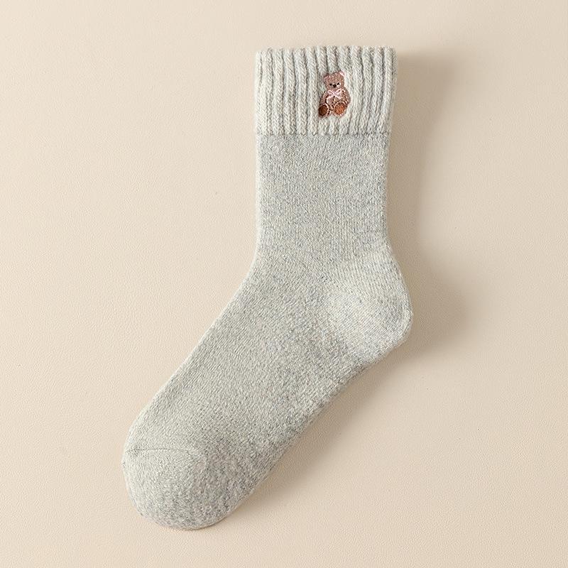 Women's Autumn/Winter Wool Socks - 25 Pairs, Mid-Calf, Cartoon Bear Embroidery, Thick Terry Loop, Warm & Cozy