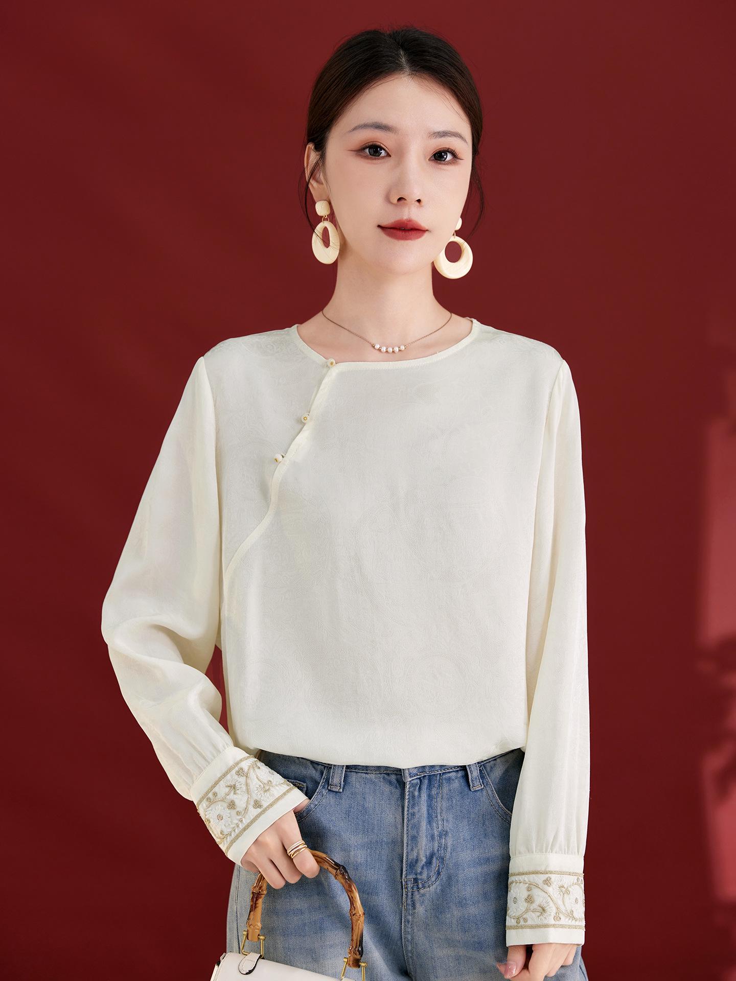 

New Autumn Silk Velvet Chinese Style Women s Round Neck Long Sleeve Shirt XXL слоновая кость/белый