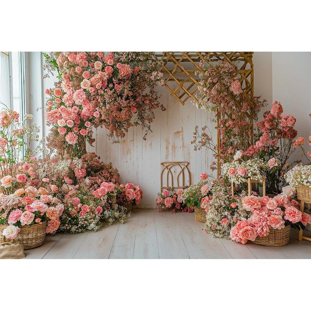 Flower Arched Wooden Grid Backdrop  Versatile for Childrens Birthday Adult Wedding  Family Gathering Banner Photography 74x94cm(29x37in)