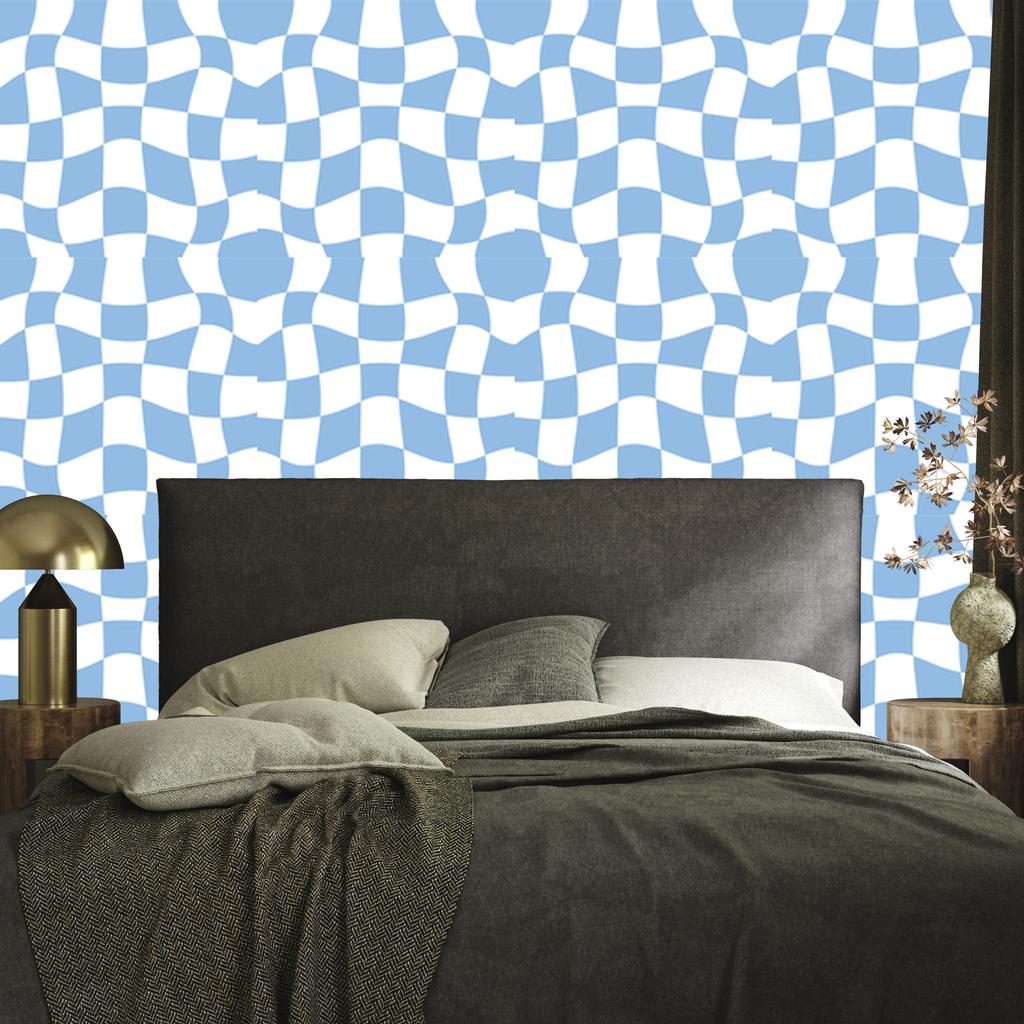 Wallpaper Casual Checkerboard Azure and White for Living Room and Bedroom 50x1000