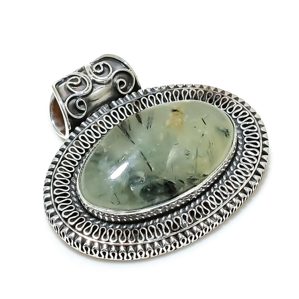 Natural Prehnite Gemstone Silver Pendant In 925 Sterling Silver- Handmade Design, Everyday Wear Jewelry, Antique Pendant Birthday Gifts