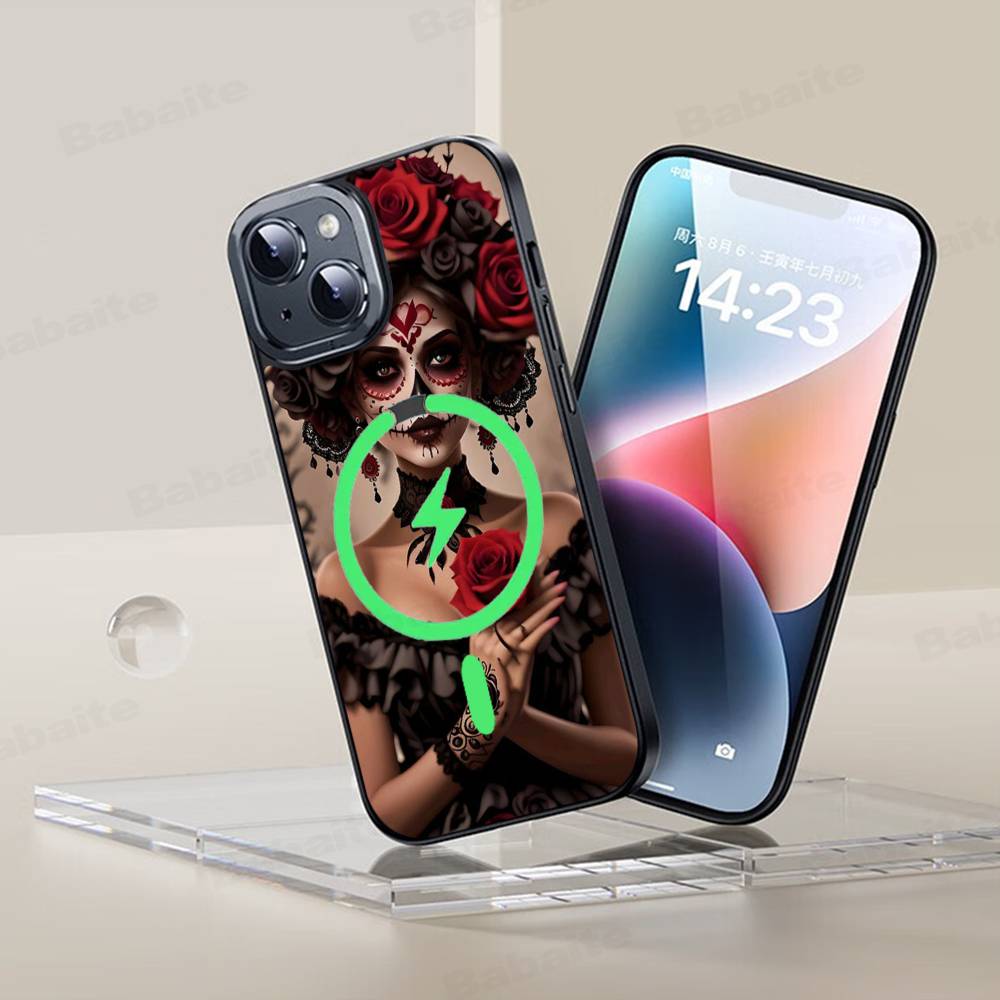 Catrina Beautiful Rose Girl Skull Phone Case Magnetic Case For iPhone 17 16 15 14 13 12 11 For Magsafe Wireless Charge Cover