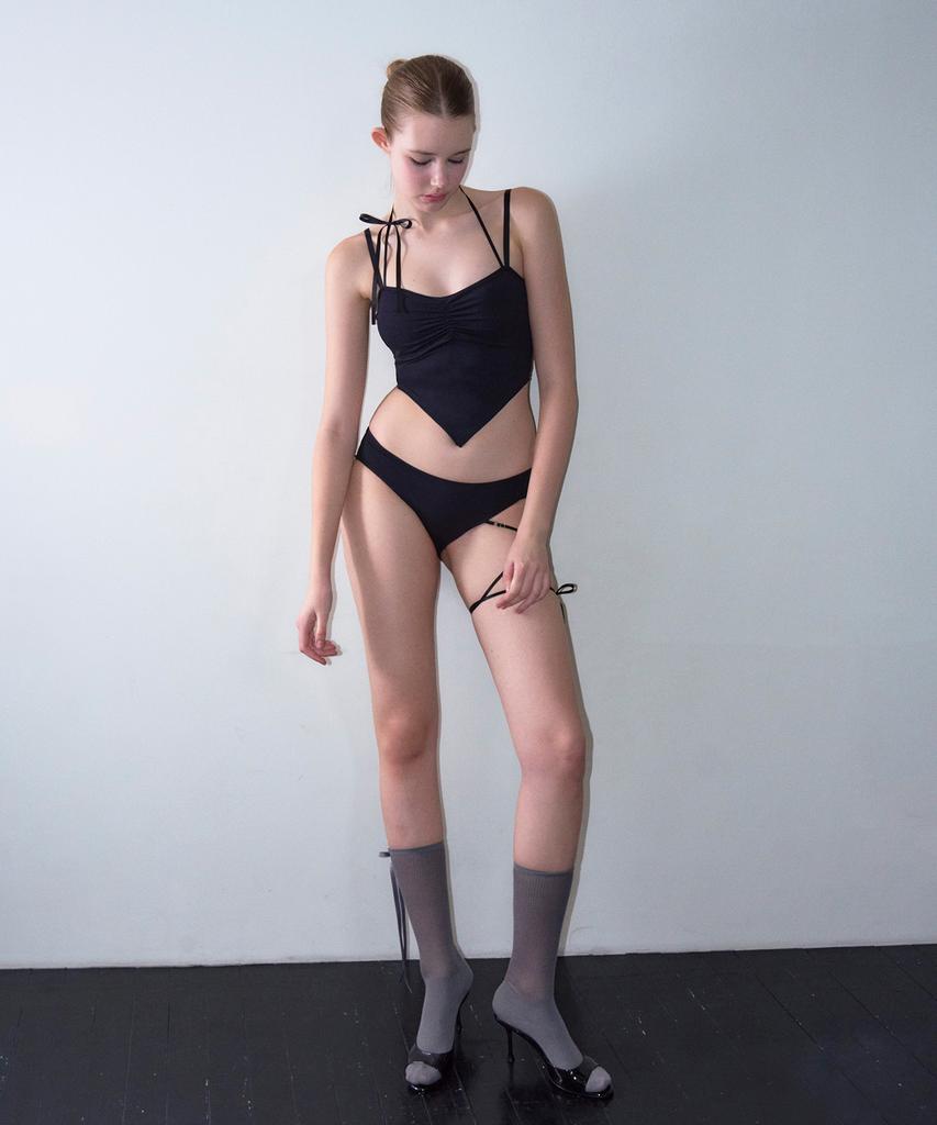 VINAJ Ribbon Halter Shirred Cone Bikini Bra (Black)
