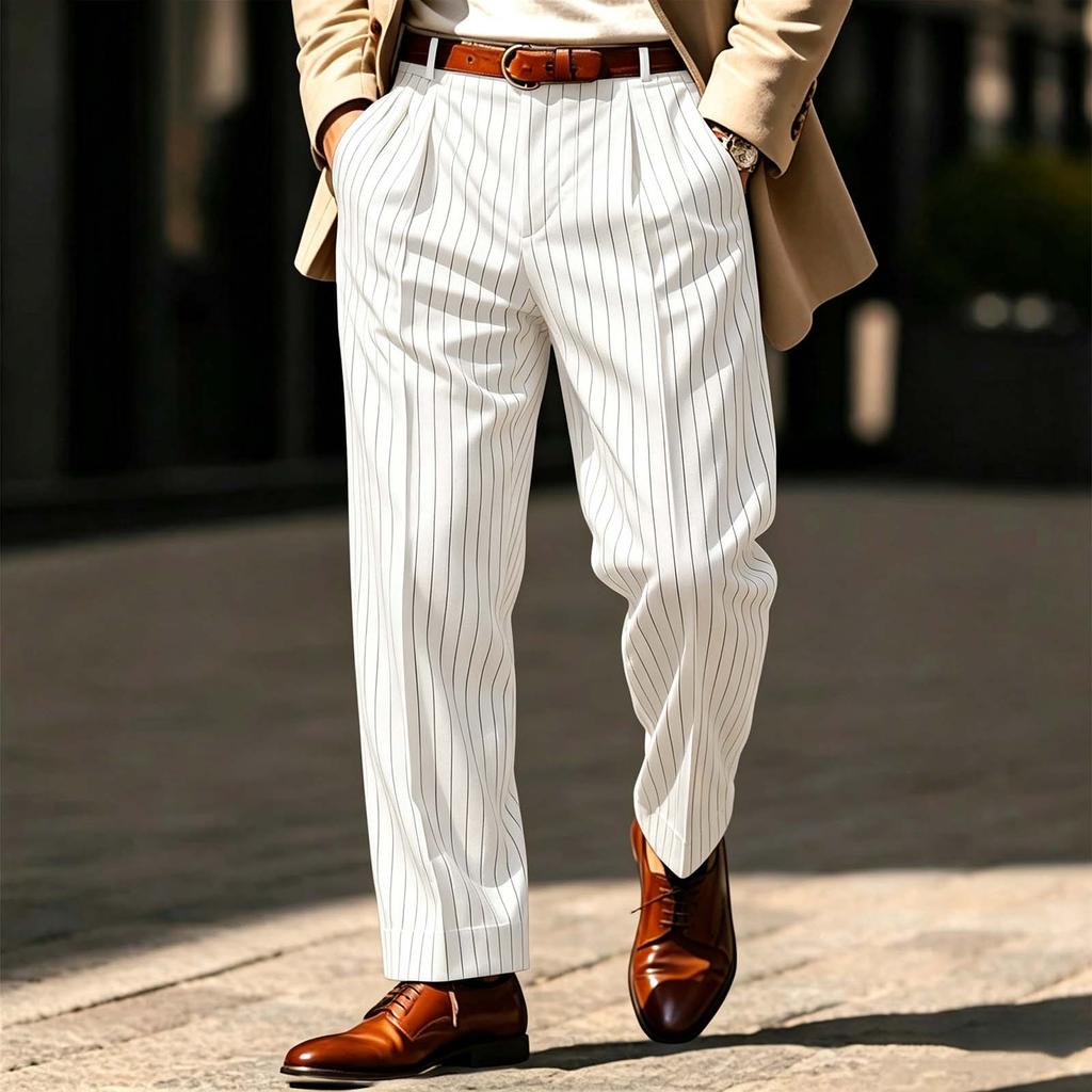 Men's Striped Dress Pants with Elastic Waistband and Button Closure for Business Work