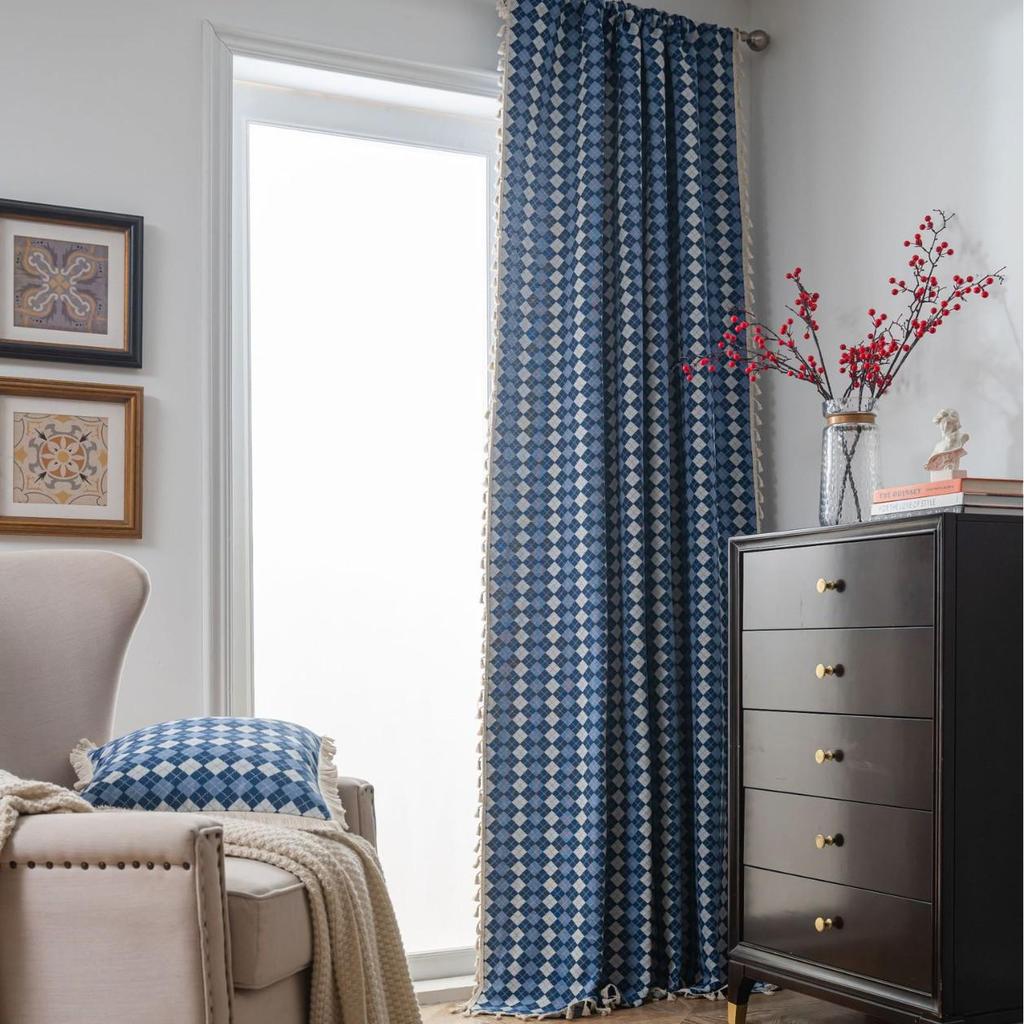 Yimanqiyun Blue French Grid Jacquard Semi-Blackout Bay Window Curtains