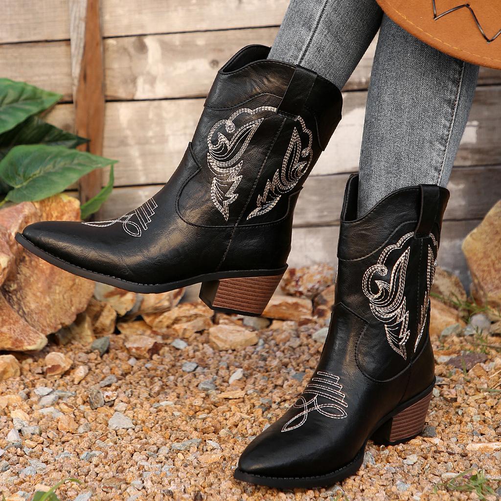Retro bestickte Martin Stiefel Damen 2025 Herbst und Winter neu spitz zulaufender quadratischer Absatz Western Cowboy kurze Ritterstiefel