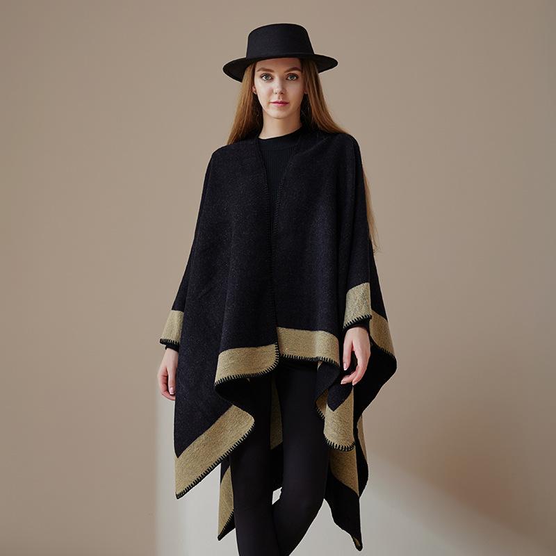 Solid Color Striped Shawl Cardigan: Warm, Versatile Imitation Cashmere Scarf for Autumn and Winter