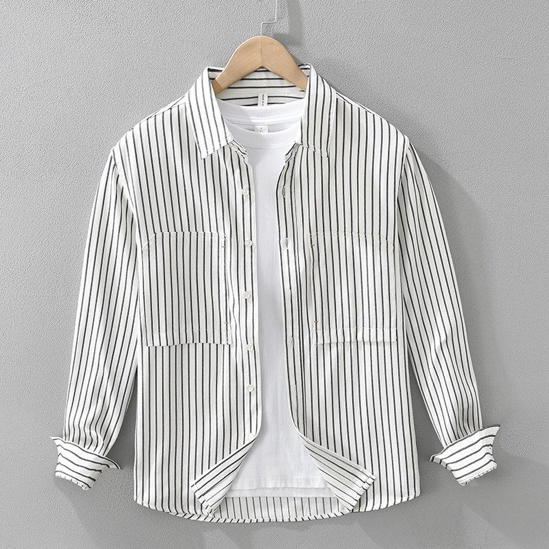 Spring and Autumn Japan fashion Retro Vertical Stripes Long sleeve Shirts Men's Artistic Trendy Loose Casual Shirt Outerwear New