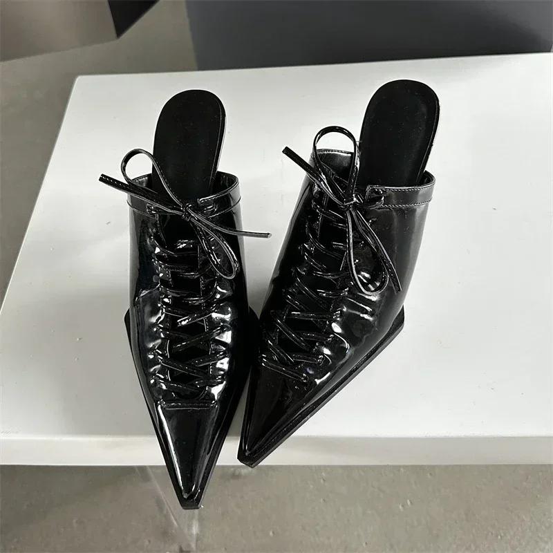 Fashion New Sexy T-tied Lace-up Pointed Toe Women Pumps Slippers 2025 Summer Elegant Thin High Heels Party Prom Mules Shoes for Women