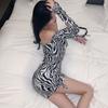 Women's Fashion Leopard/Zebra Off Shoulder Sexy Tight Strapless Long-sleeved Dress