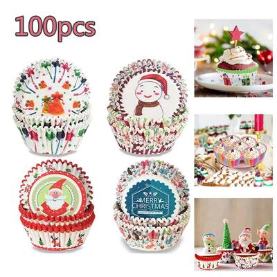 100Pcs Christmas Cupcake Paper Cups Muffin Cupcake Liners Santa Xmas Tree Pattern Merry Cake Mold Baking Party Home Decorations