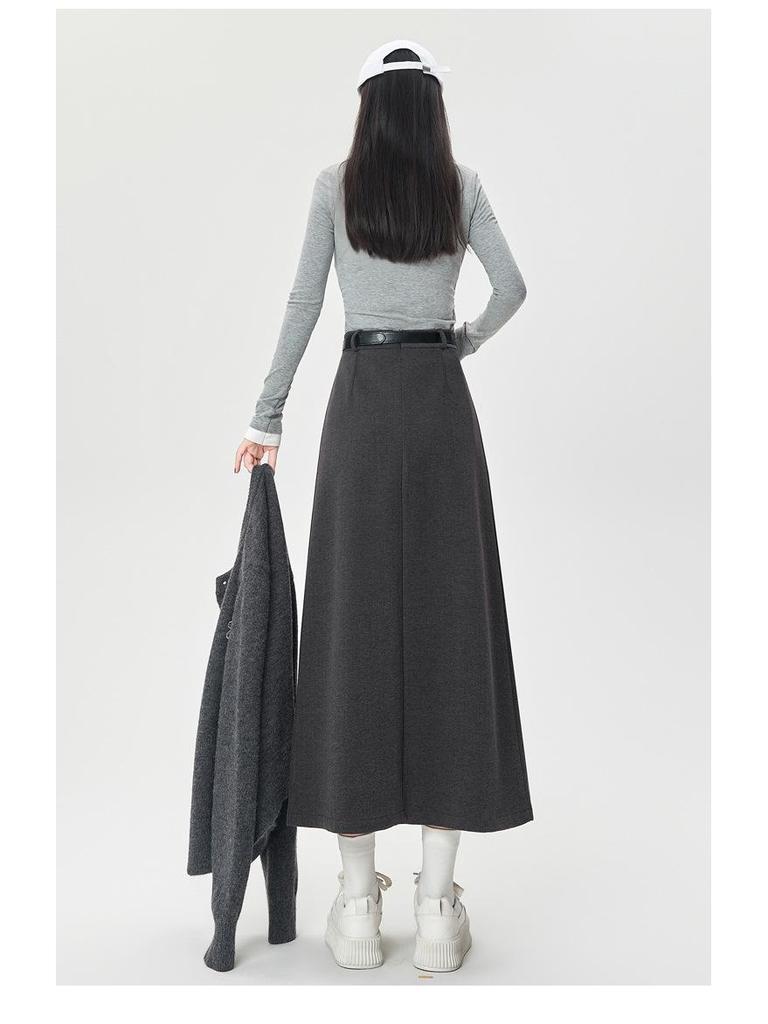 High-Waisted Coffee Wool Skirt for Women, Autumn-Winter Style, Pleated A-Line, Petite Fit, Mid-Length, Perfect Drape