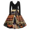 Women's Vintage Long Sleeve V-Neck Halloween Witch Print Party Dress