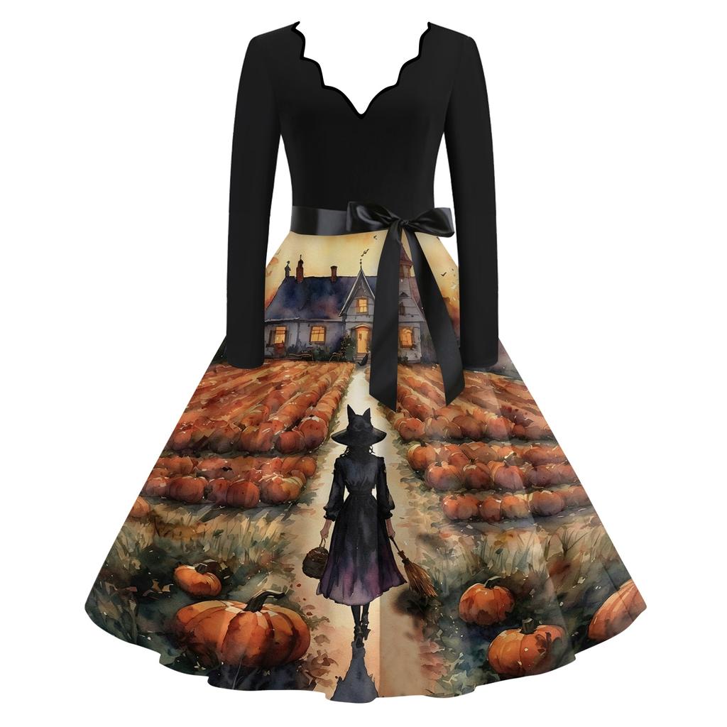 Women's Vintage Long Sleeve V-Neck Halloween Witch Print Party Dress