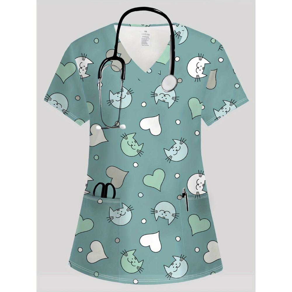 Summer Womens Fashion V-Neck Short Sleeve Uniform Pockets Tops Cute Cat Pattern Print Comfortable Vet Clinical Uniforms Woman