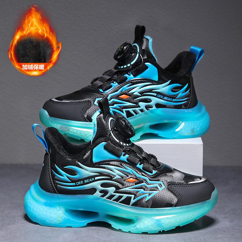 337 Boys Shoes 2025 Autumn and Winter Warm Non-slip Soft-soled Sports Shoes Rotating Buckle Adolescent Children Leather Running