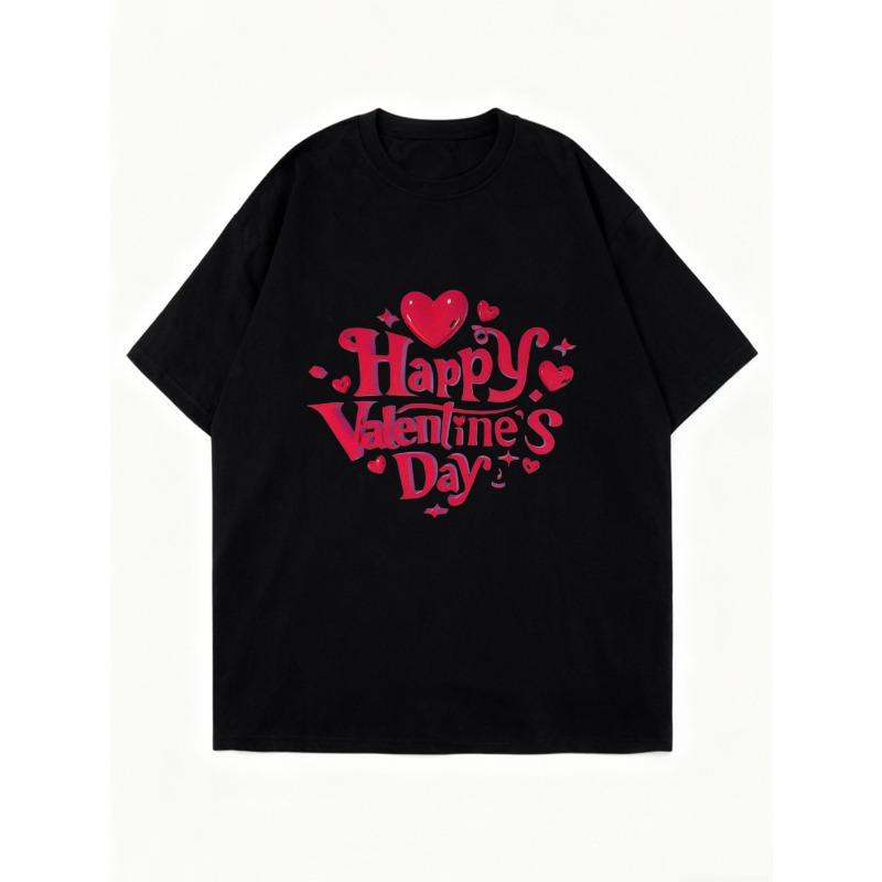 Oversized T Shirt Black Happy Valentines Day Heart Print For Valentine's Day
