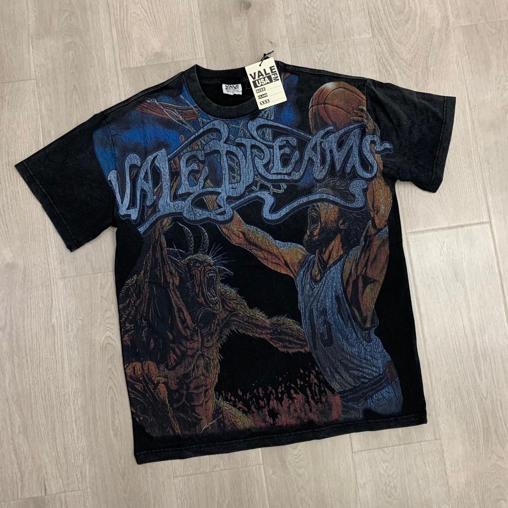 Meichao Vale New Retro Character Print Summer High Street Men and Women Loose Casual Wash Old Short Sleeve T-shirt