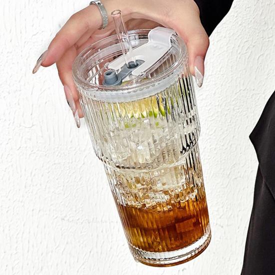 2Pcs Iced Coffee Glass with Lid And Straw, 600ml Capacity Ribbed Tumbler, Reusable Cold Drink Cup for Home Travel, Fits Car Cup Holder