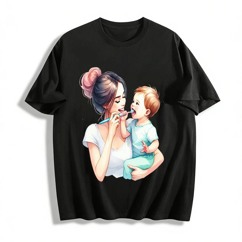 Warm Parent-Child Brushing Print T-Shirt Mom Baby Interactive Top Pure cotton T-shirt XXS