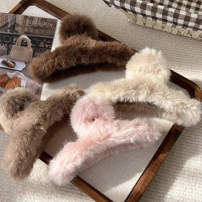 Solid Color Fluffy Cross Hair Claw For Women Girls Sweet Plush Hairpins Crab HairClips Headband Winter Fashion Hair Accessories