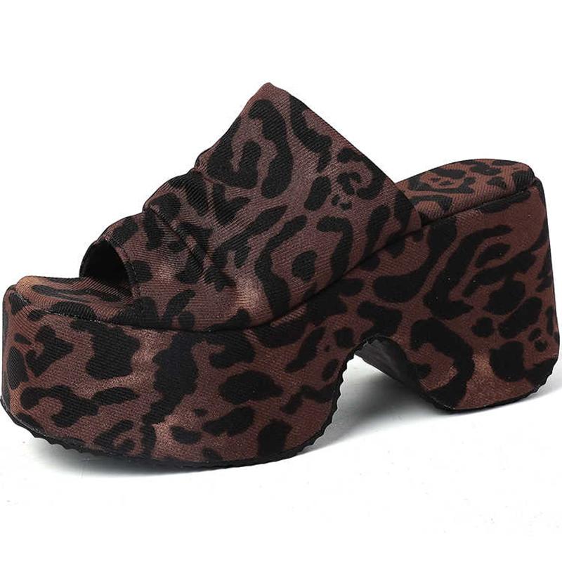 Summer Fashion Open Toe Leopard Print Platform Wedge Woman Slippers Chunky Heels Shoes Zapatos De Mujer