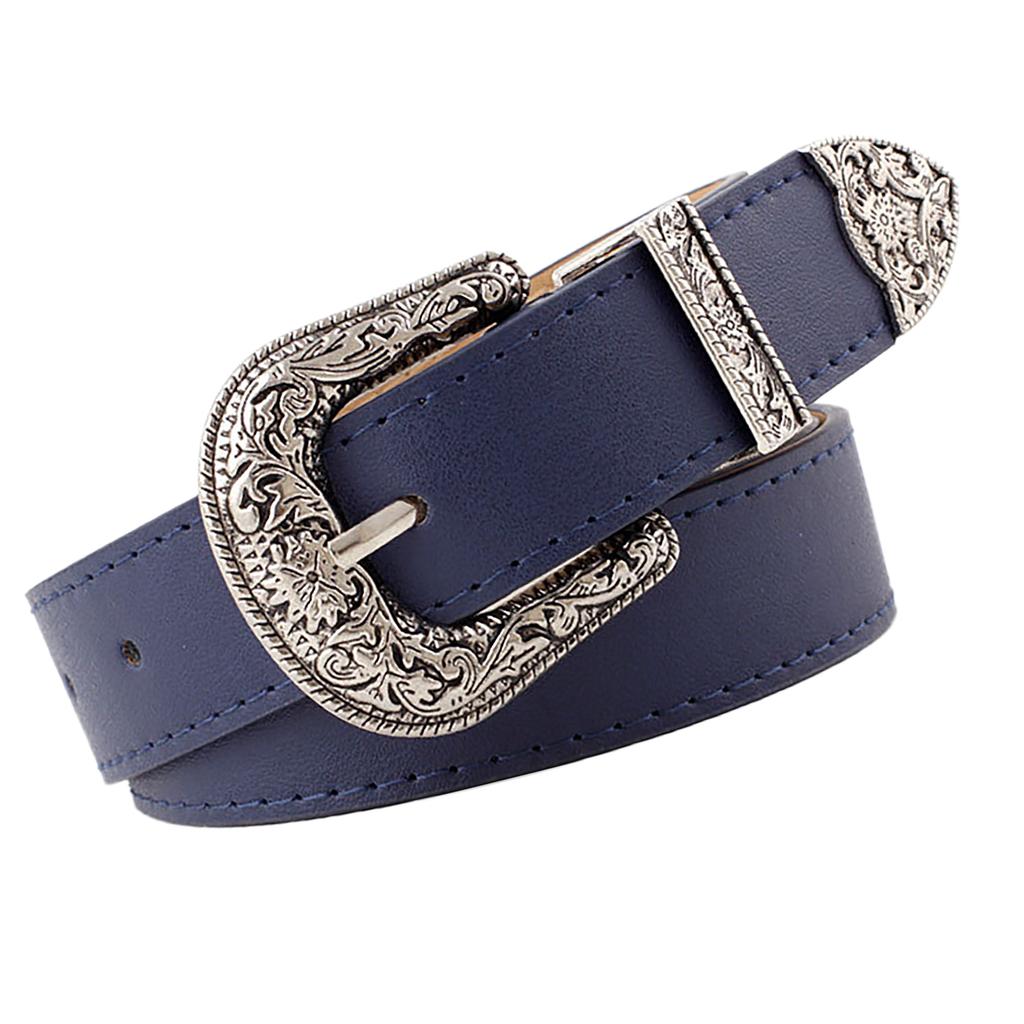 Women Waist Belt Exquisite Carved Buckle Adjust Size Fashionable Waist Belt for Pants navy Blue Free Size