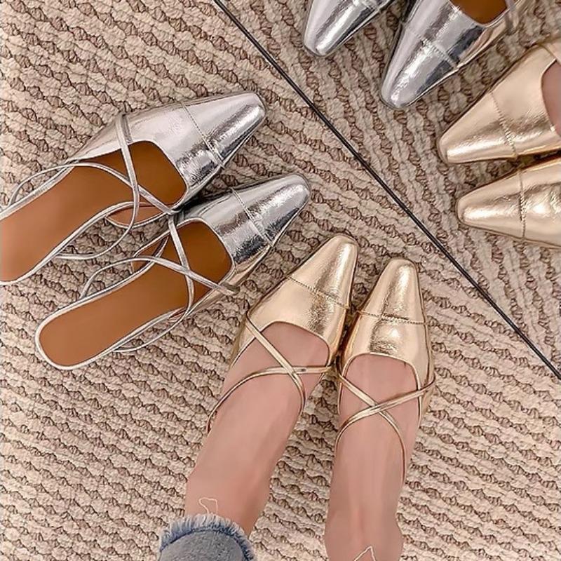 Moda 2025 Nowe Damskie Kapcie Moda Srebrne Czółenka Letnie Sandały Czółenka Średni Obcas Klapki Szpilki Imprezowe Slingback