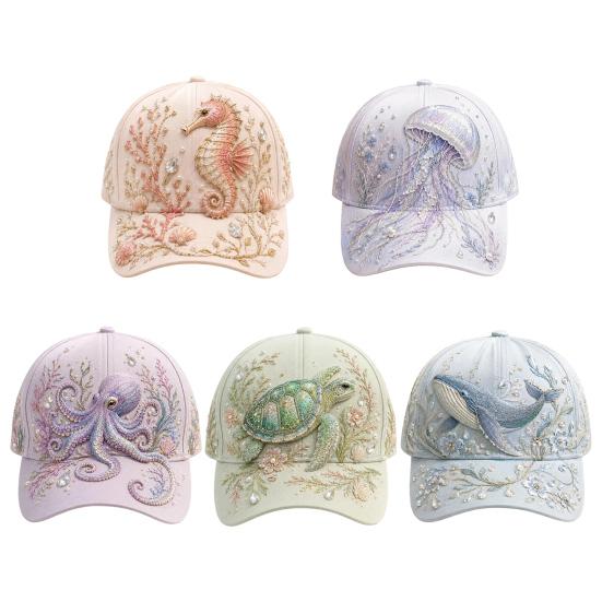 Turtle Whale Jellyfish Pattern Cap Ocean Creatures Baseball Cap, Adjustable Sun Hat with Sea Back Buckle Animal Patterns, Trucker for Men And
