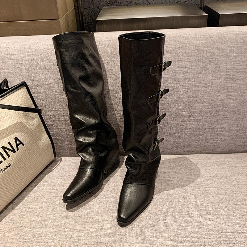 Belt Buckle~ Pants Boots Thick Heel Boots Long Boots Female European and American Babes High Boots Pointed Black Trousers Boots Fried Street