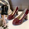 Fashion 2025Women's Fashion Thick  Autumn New Square Head Shallow Mouth Butterfly Knot Platform Slip-on Heels