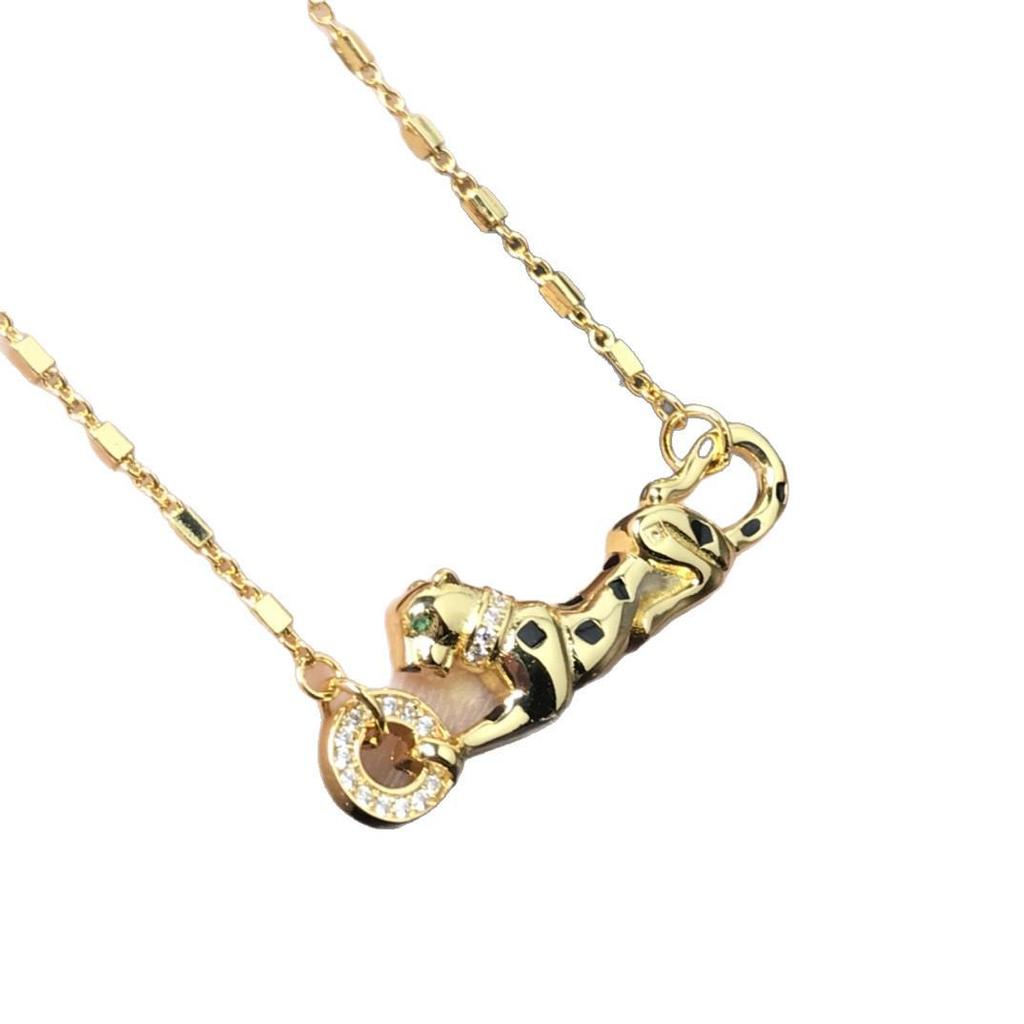 Luxury European/American Cross-Border Full Diamond Studded Reclining Leopard Necklace with Shy Leopard Pendant
